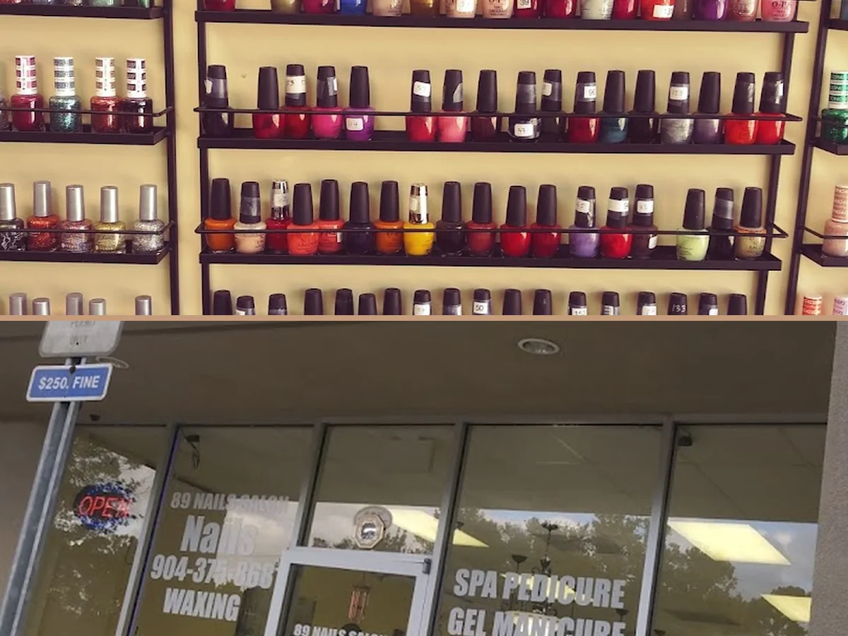 Rows of polish bottles on salon shelves.