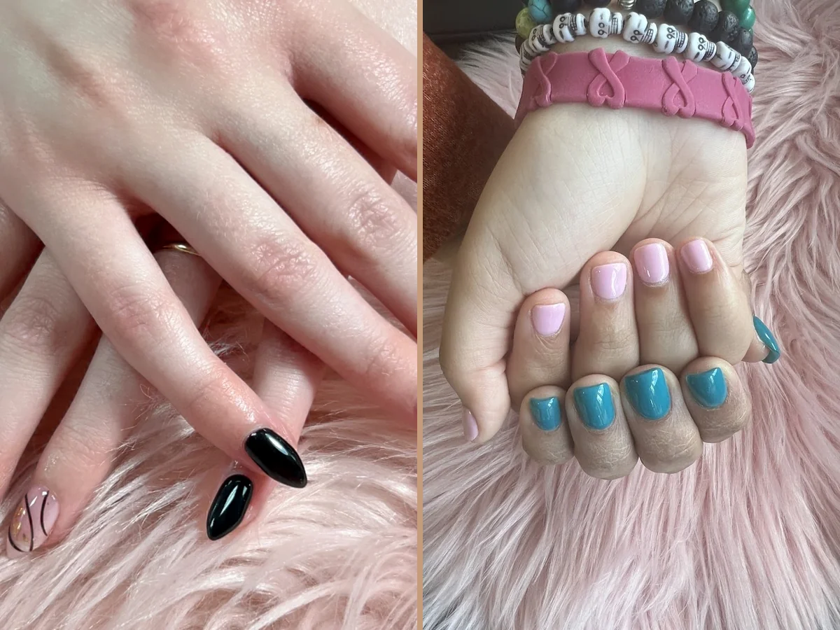 Nail technician shaping a fresh manicure.