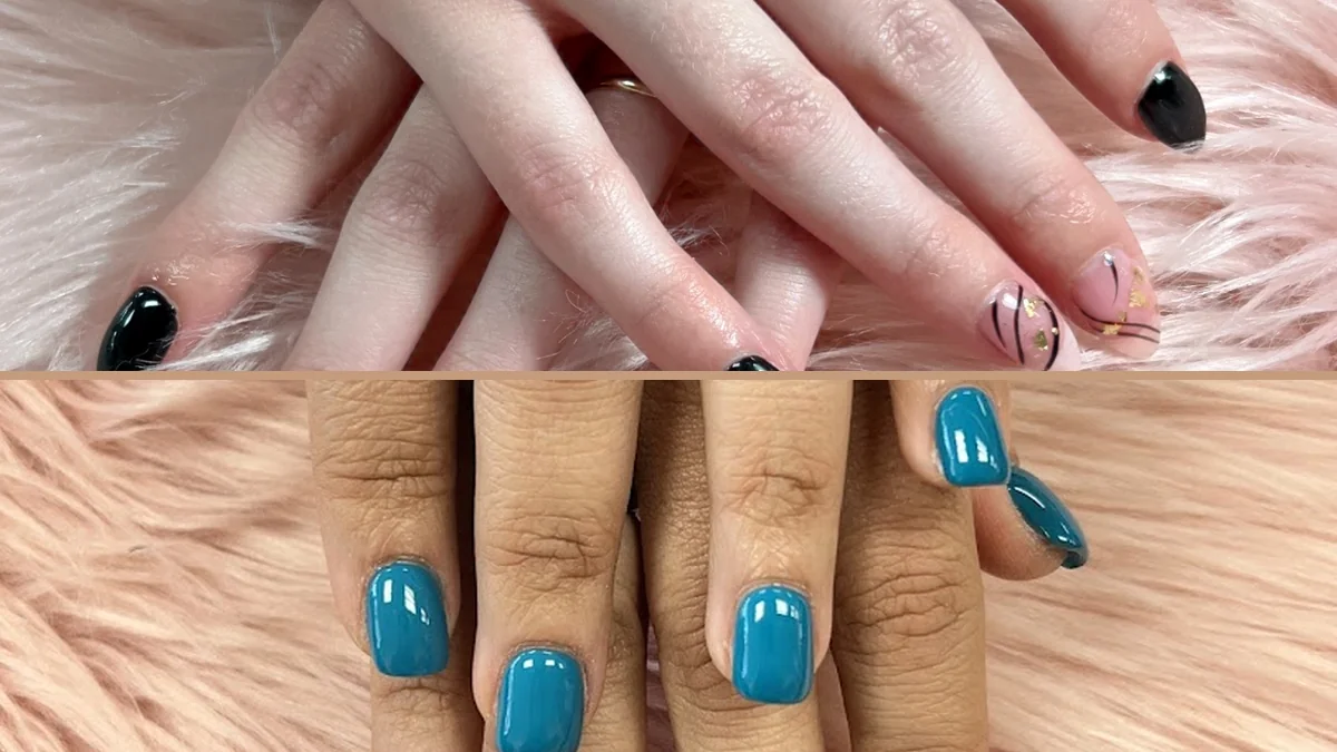 Nail technician shaping a fresh manicure.